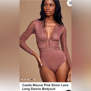 Casita Mauve Pink Sheer Lace Long Sleeve Bodysuit